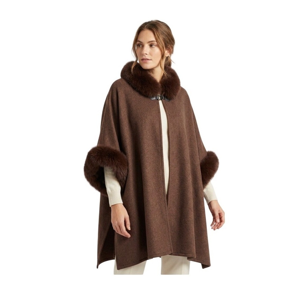 Max Studio Faux Fur Trim Cape Peacoat Jacket Brown Knit OS